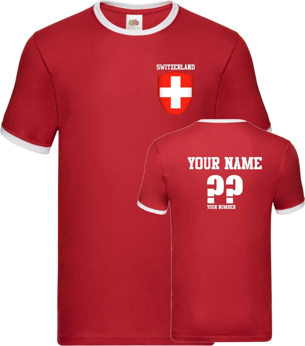 Personalised Switzerland Football Ringer T-Shirt Soccer Fans Sport Flag Badge