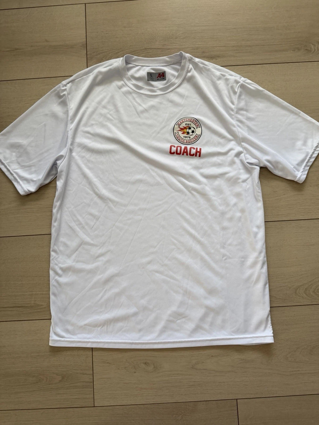 A4 Men's Short Sleeve White Polyester Eastchester Soccer Coach T-Shirt Size L