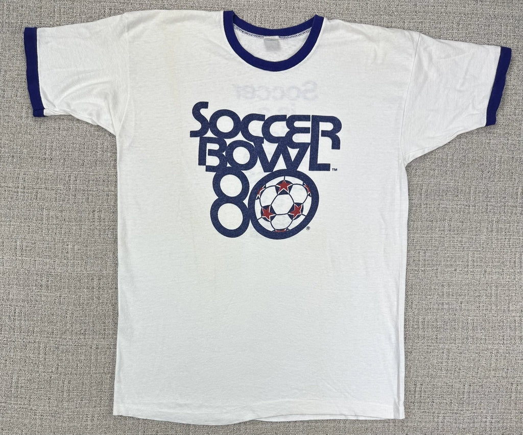 Vintage Champion Soccer Bowl 80 Shirt Sz L White Ringer NASL 1980s Double Sided