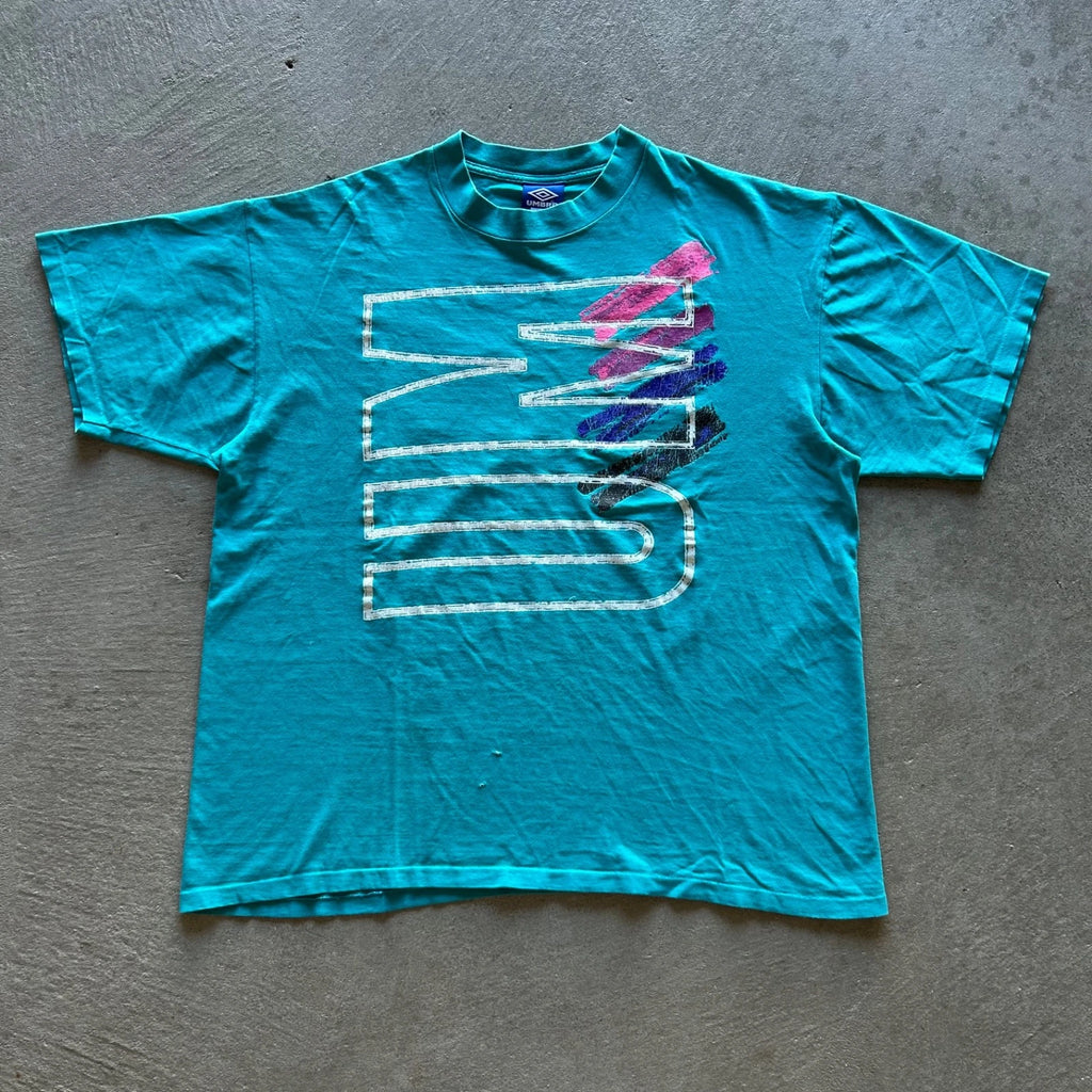 Vintage 90s Umbro Shirt Size XL Blue Spell Out Soccer Wrap Around Print USA Made