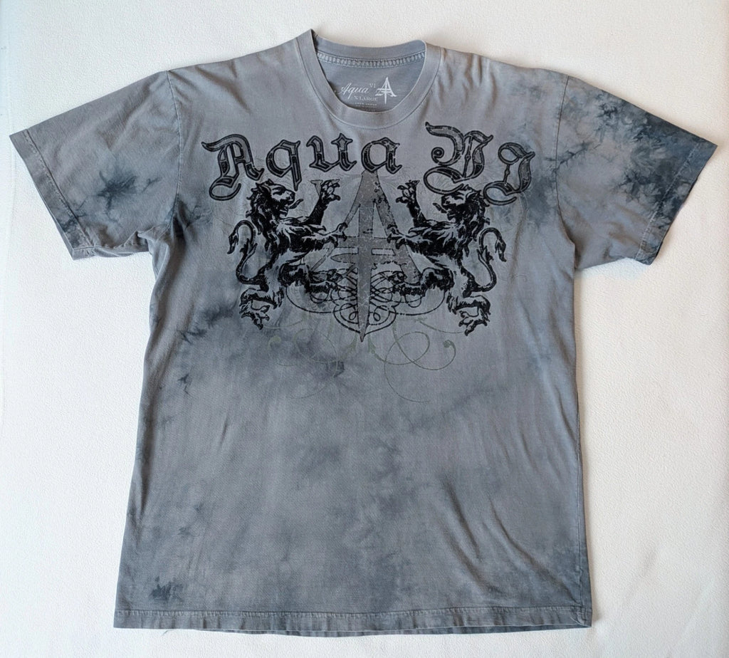 Vtg Aqua VI Y2K Graphic T Shirt Gray Lions Crest MMA Grunge Distressed Men's XL