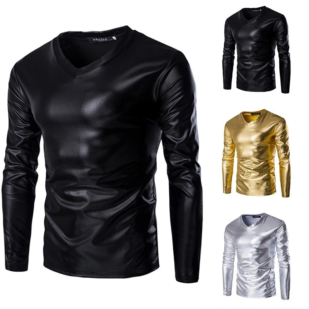 Tops Mens T-Shirt Wet Look Crew Neck All Season Long Sleeve Muscle Shirt