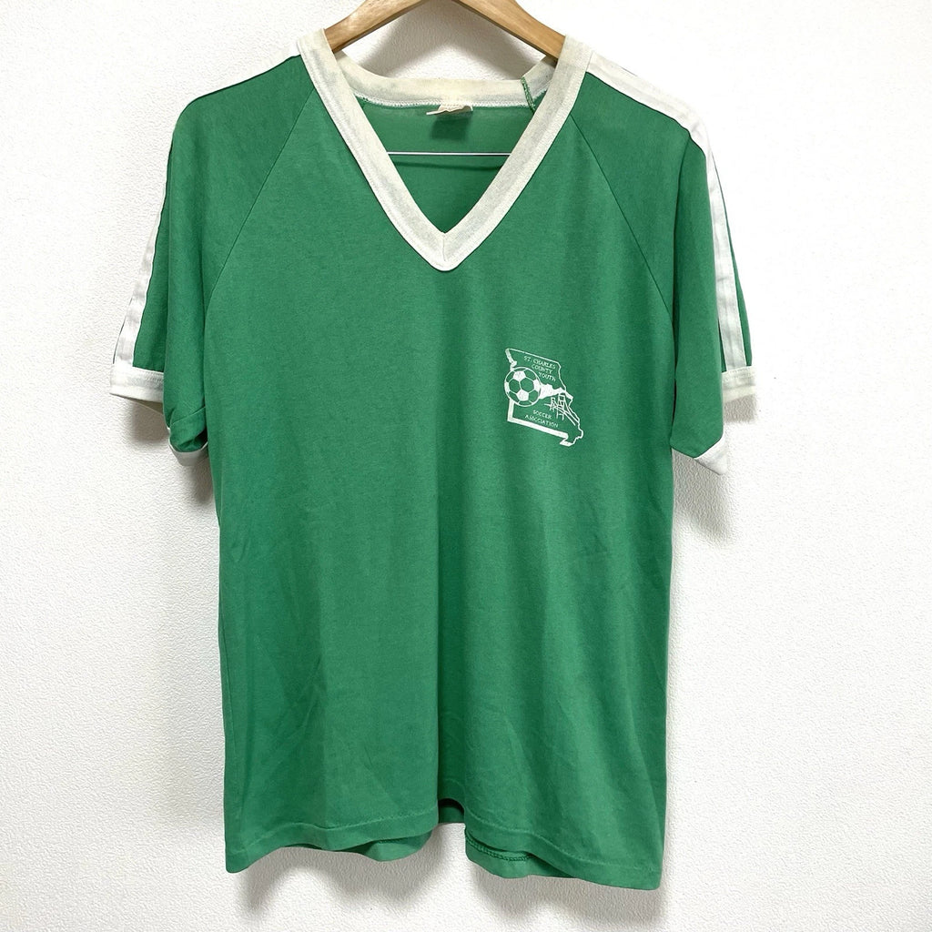 Vintage St Charles County Soccer Raglan Ringer V-Neck T-Shirt Green L USA 70s