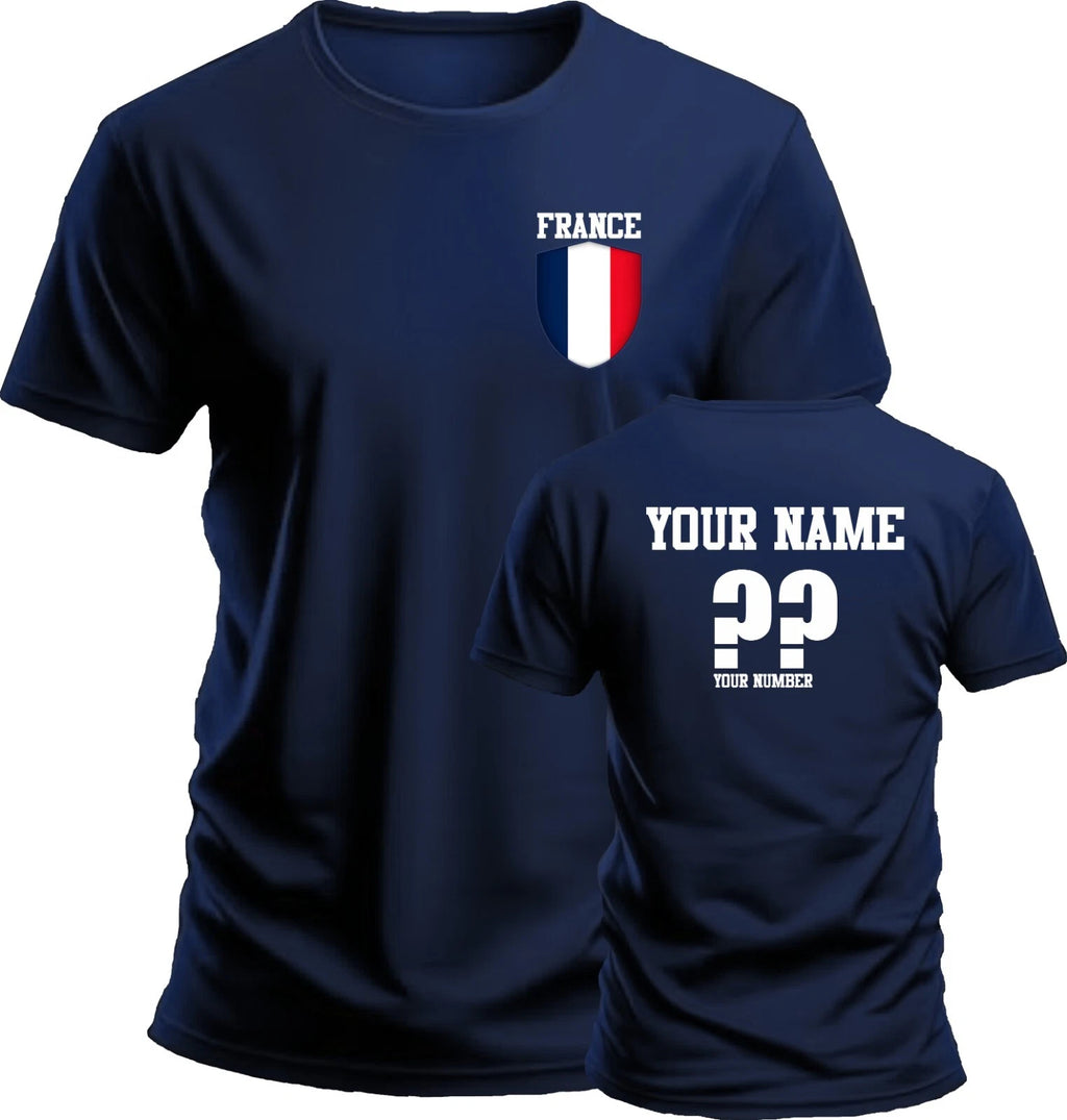 Personalise France Football T-Shirt Soccer Fans Sports Costume Flag Badge Top