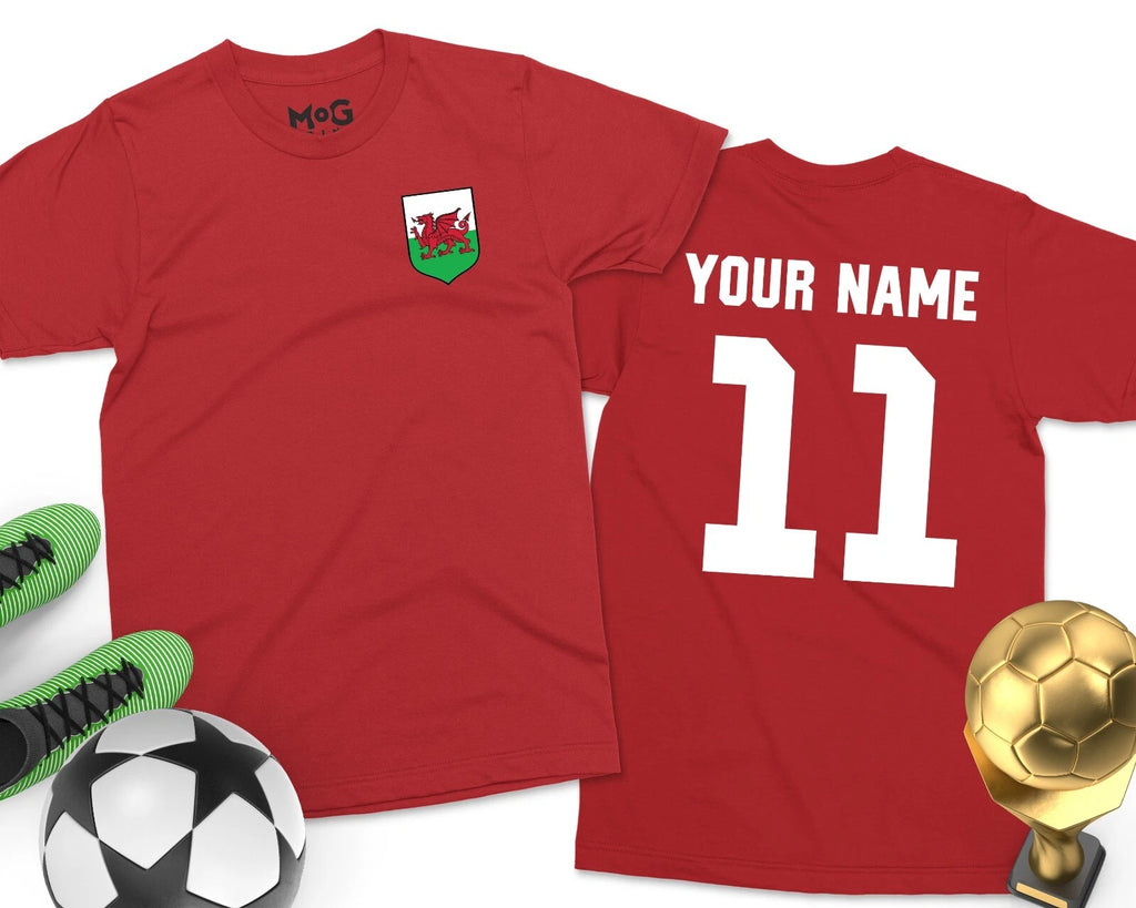 Personalised Wales Football T-shirt Custom Name Text Number Footballer Gift Top
