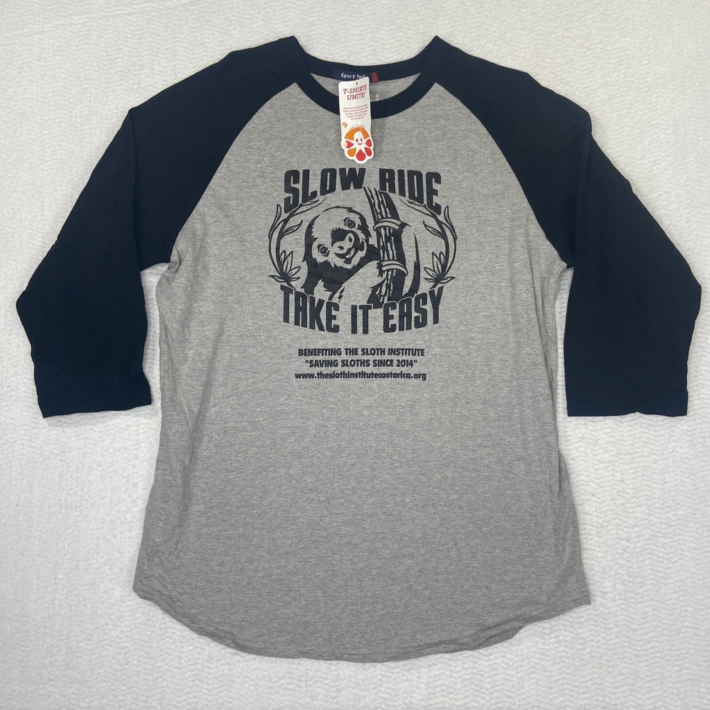 Sloth Shirt Adult Lg Raglan Slow Ride Take It Easy 3/4 Sleeve Gray Black NWT