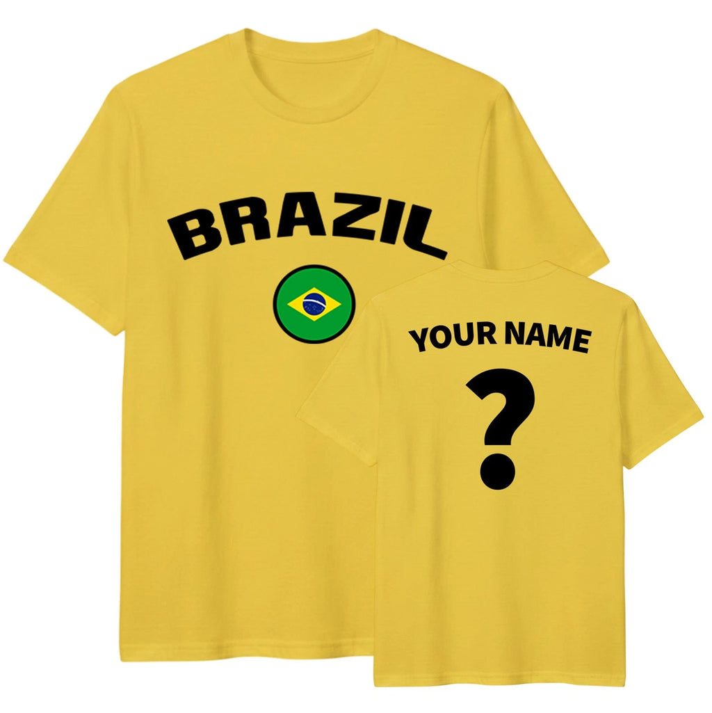 Personalised Brazil football T Shirt, Custom Name and Number T-Shirt, Badge Tee