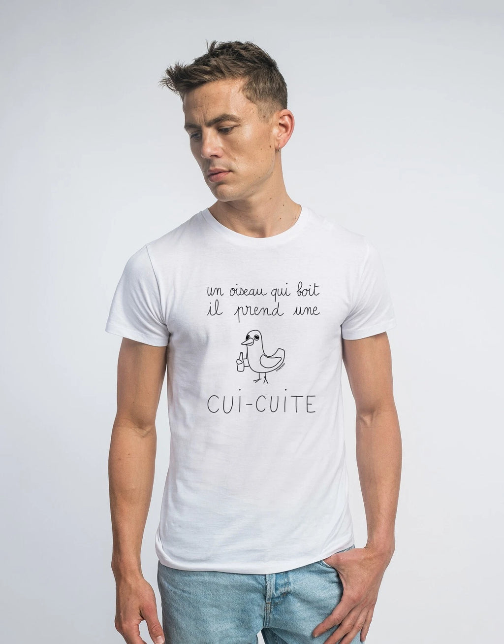 White Men's Short Sleeve T-Shirt, A BIRD THAT DRINKS IT TAKES A CUI-CUI