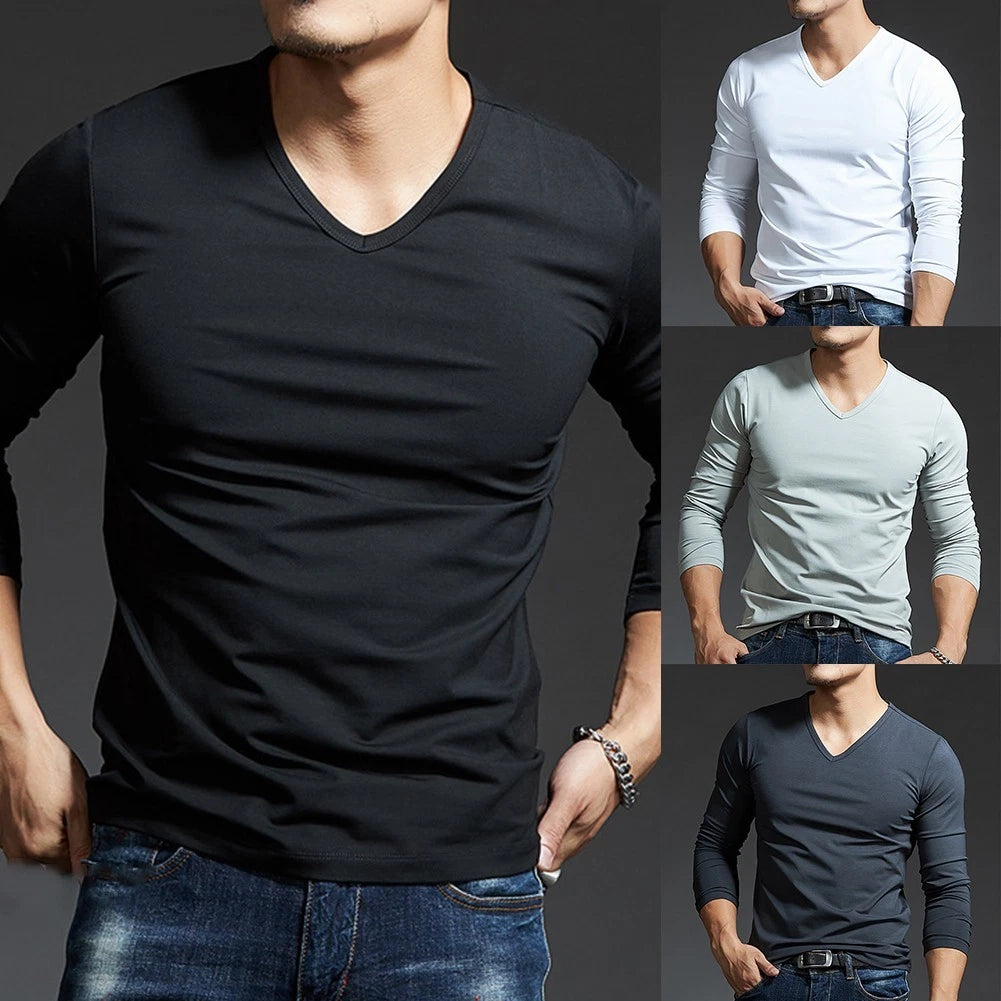 Trendy Men's Activewear Tee V Neck Blouse with Long Sleeves for a Stylish Look