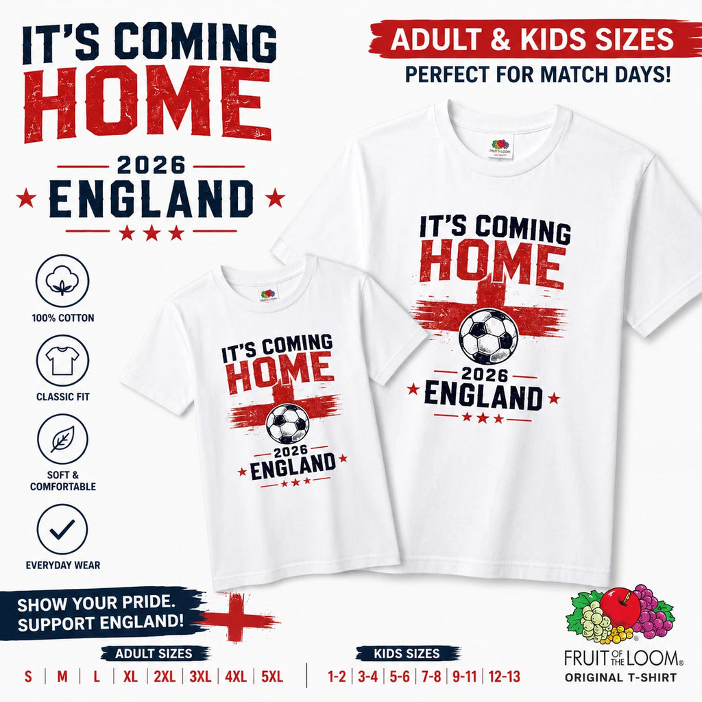 It's Coming Home 2026 England Football World Cup T Shirt Adult Kids White