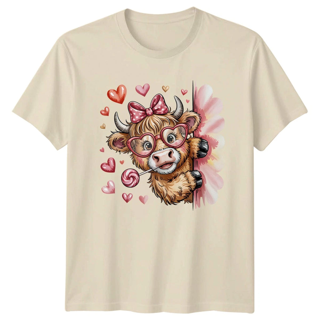 Cute Highland Cow Wearing Heart Glasses Womens T-Shirt Highland Cow Valentines