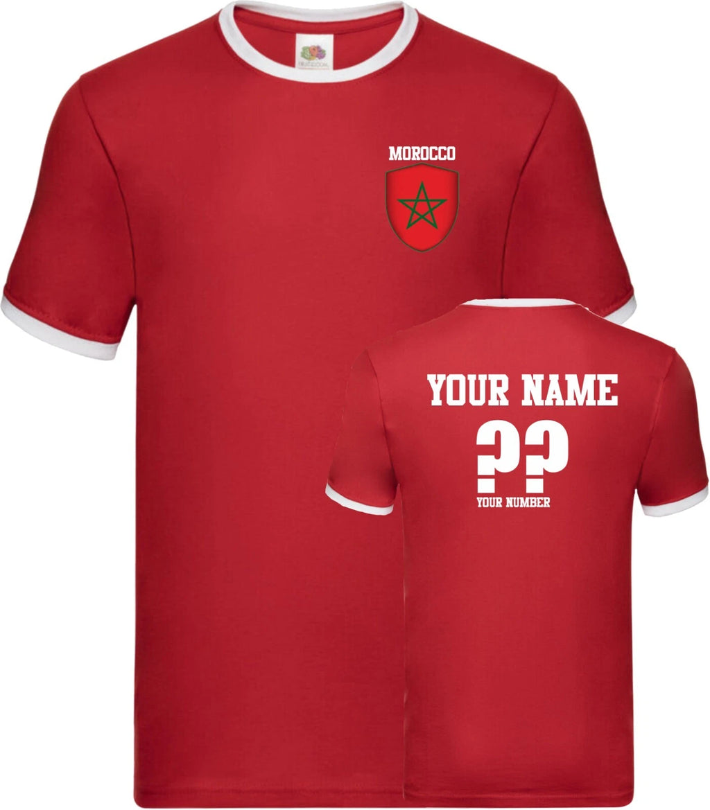 Personalised Morocco Football Ringer T-Shirt Soccer Fans Sport Flag Badge Gift