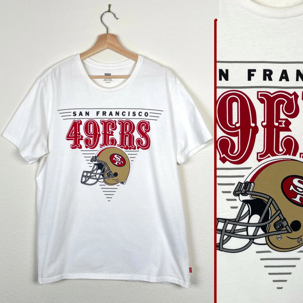 Vtg Levi's 49ers FOOTBALL T-SHIRT White Red Gold Helmet Game Souvenir Fan Shirt