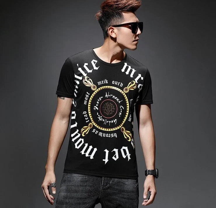 New Men Luxury Diamond Rhinestones Black White T-Shirt High Quality