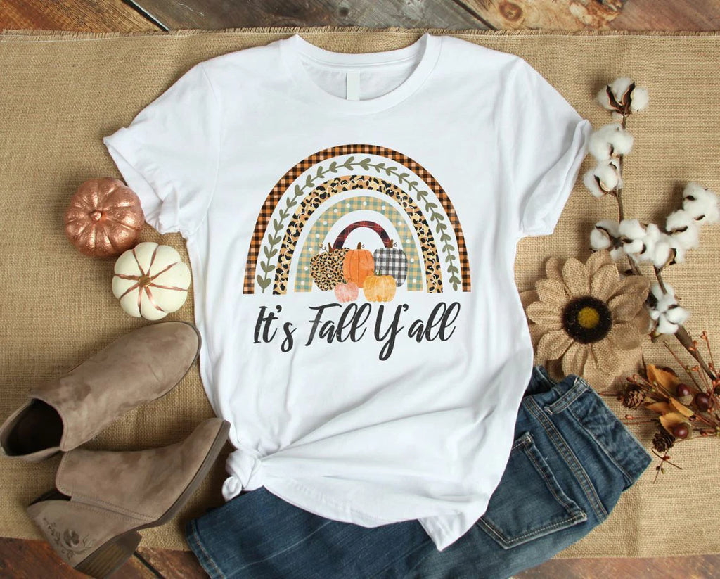 It's Fall Y'all Boho Leopard Buffalo Plaid Pumpkin Autumn Fall Gift Tshirt