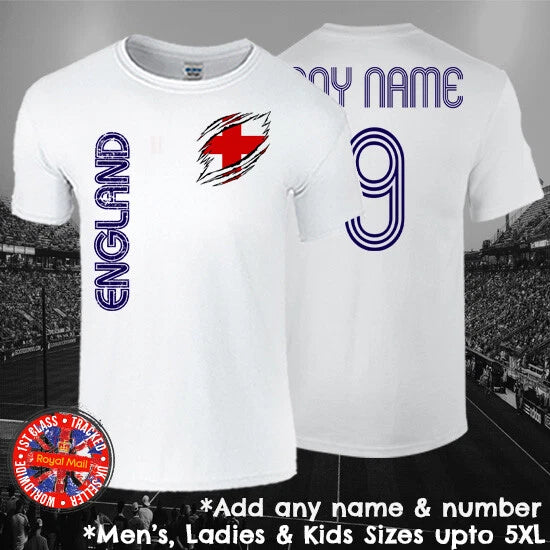 England Football Fan T-shirt Personalised Mens Ladies Kids Euros World Cup