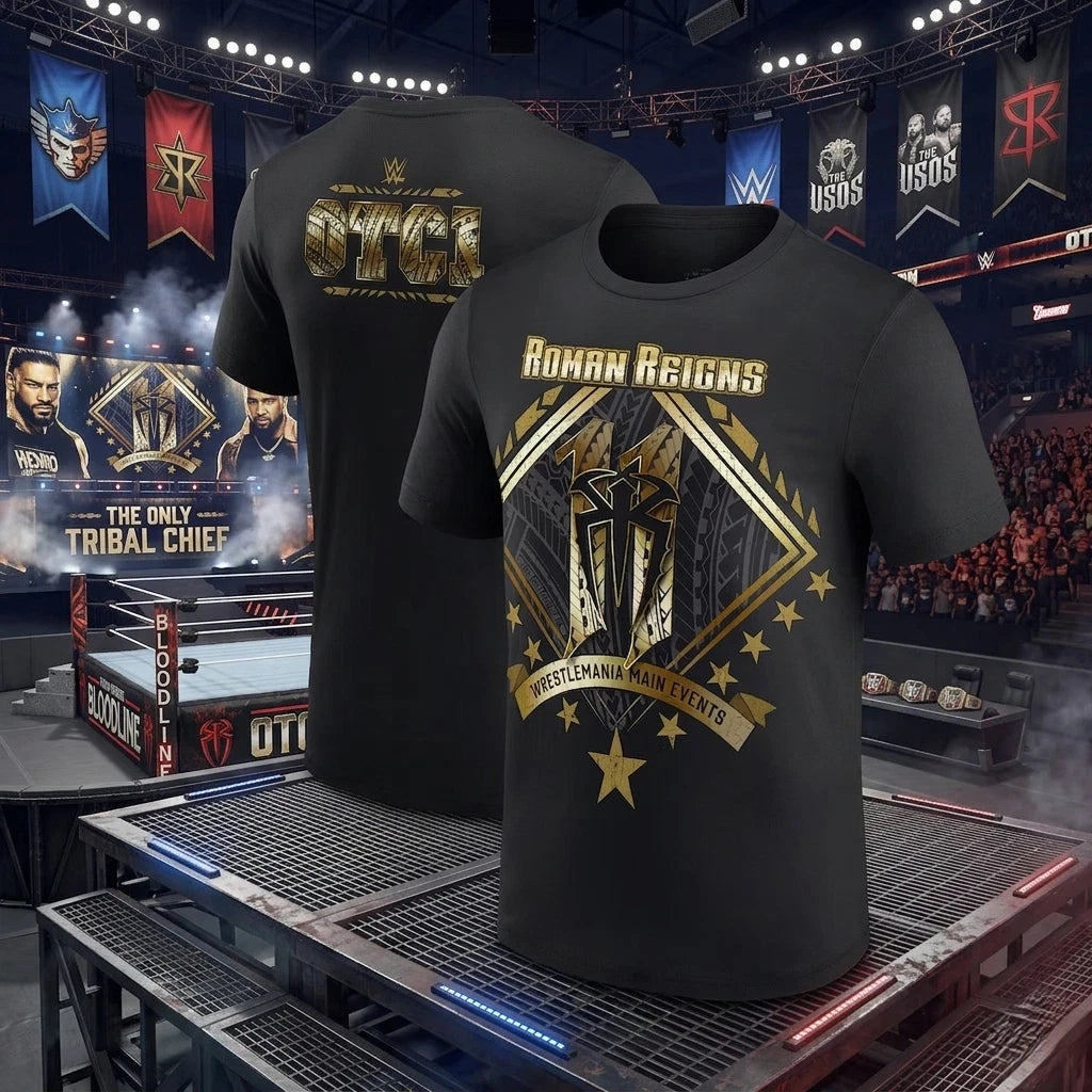 Men's Black Roman Reigns 11 WrestleMania Main Events T-Shirt HOT TRENDY SALE OFF