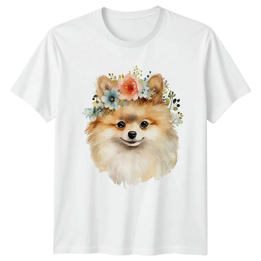 Cute Pomeranian Dog Wearing Flower Womens T-Shirt Boho Dog Mom Birthday