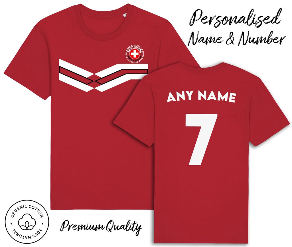 Switzerland Strip T-Shirt 2026 Personalised Name & No Adult Kids, Football Euro