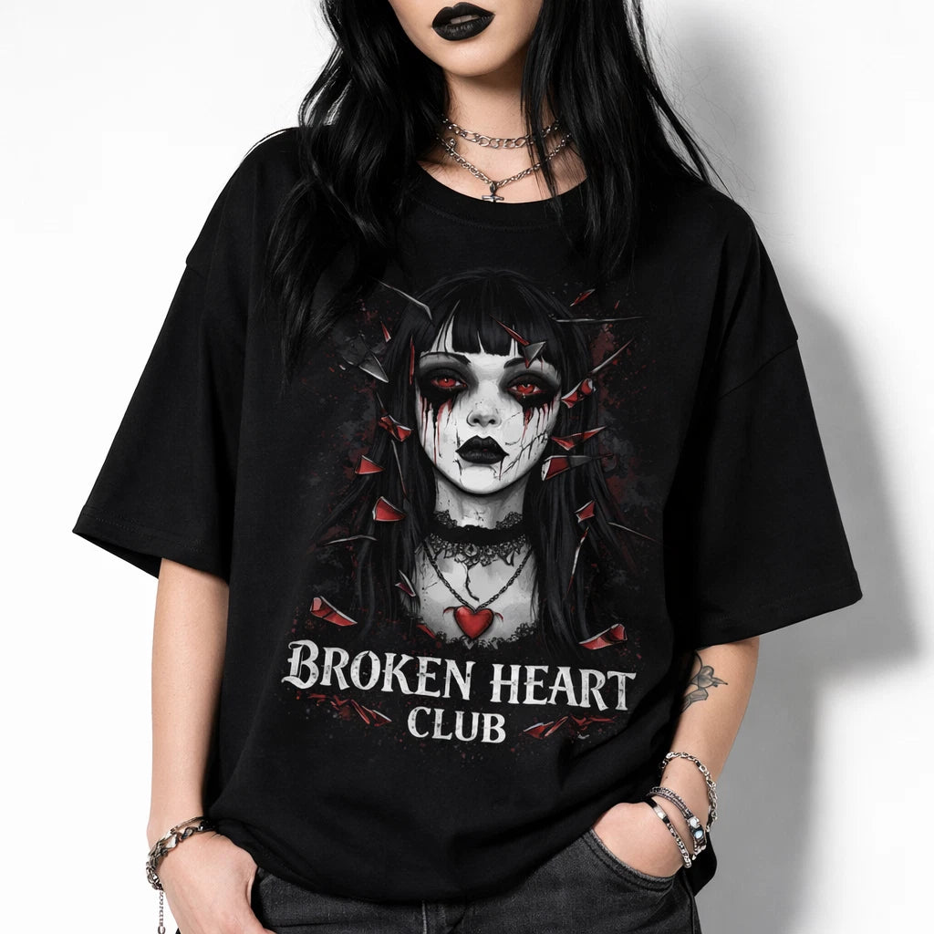 Broken Heart Club Shirt Gothic Girl Emo Aesthetic Dark Streetwear Graphic tshirt