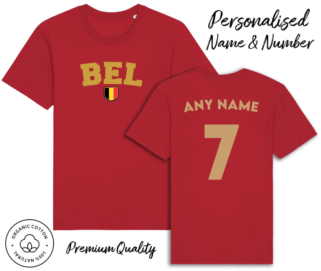 Belgium BEL T-Shirt 2026 Personalised Name & No Adult Kids Baby, Football Euro