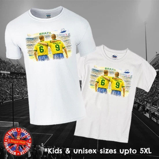 Ronaldo Roberto Carlos France 98 World Cup T-shirt in Mens, Ladies & Kids Sizes