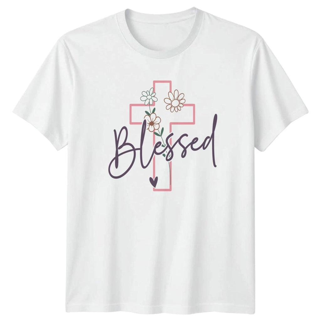 Blessed Womens T-Shirt Floral Cross Christian Faith Mothers Day Gift For Her