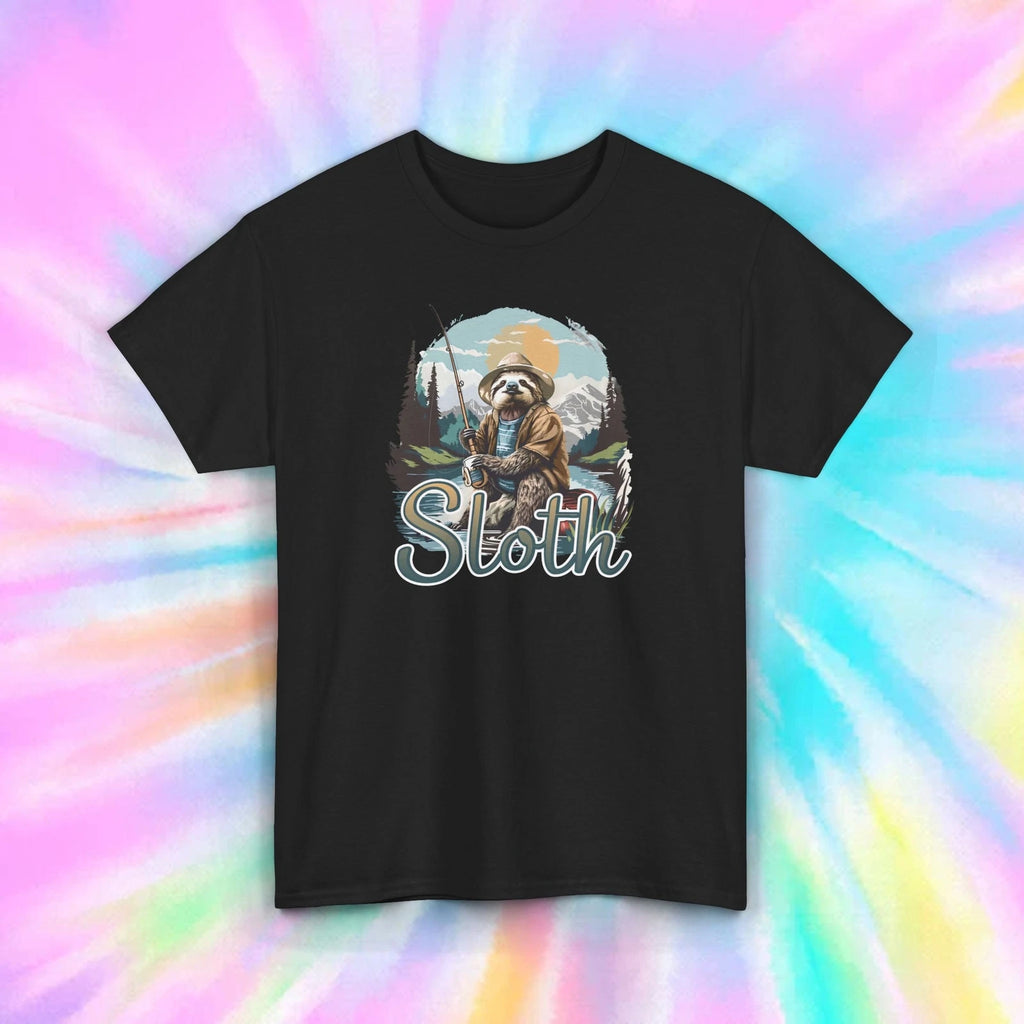 Fishing Sloth Funny Outdoors Lazy Nature Adventure Animal Graphic T-Shirt S-5XL