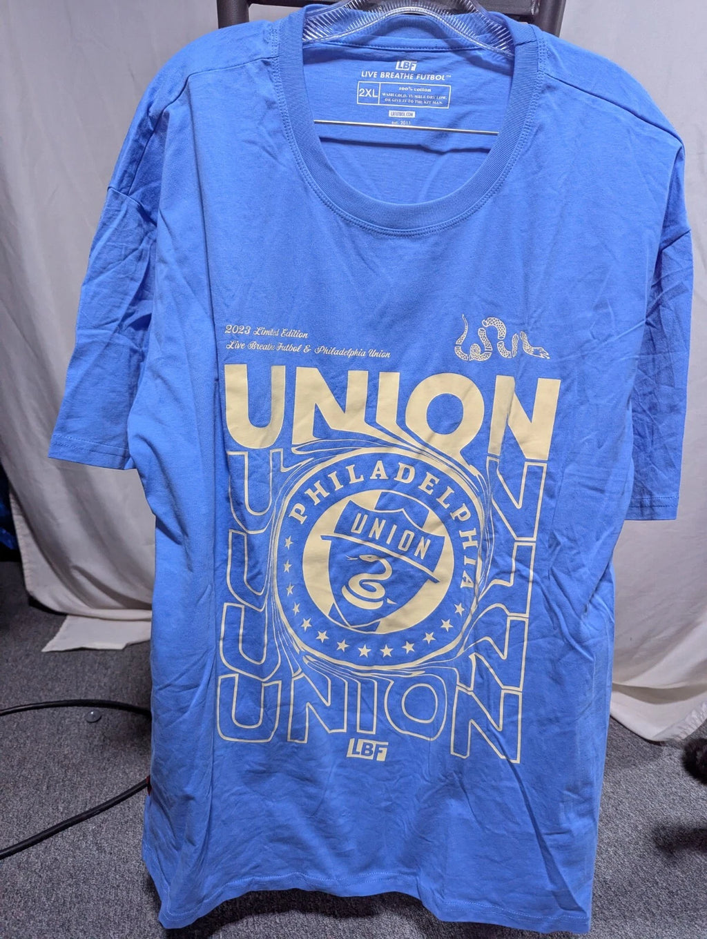 Live Breathe Futbol adult 2xl tshirt light blue Philadelphia union 2023 limited