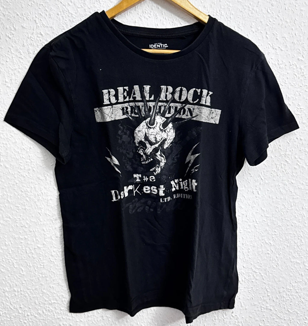 IDENTIC Men's Black Graphic T-Shirt - Punk Skull "Real Rock" - Size L