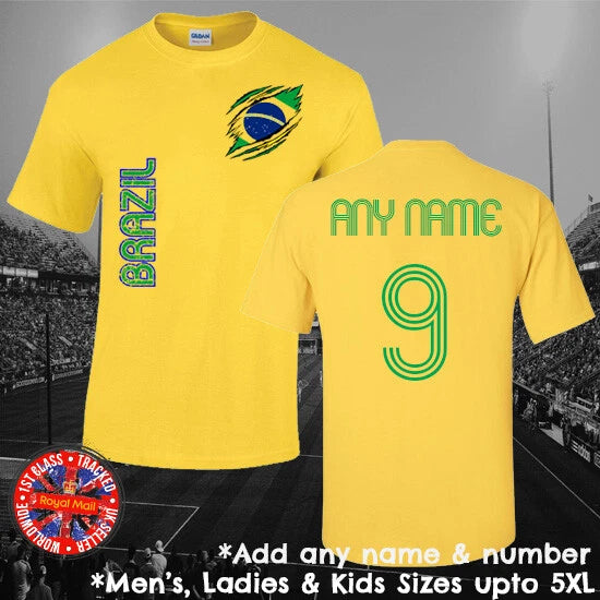 Brazil Football Fan T-shirt Personalised Mens Ladies Kids Euros World Cup Brasil