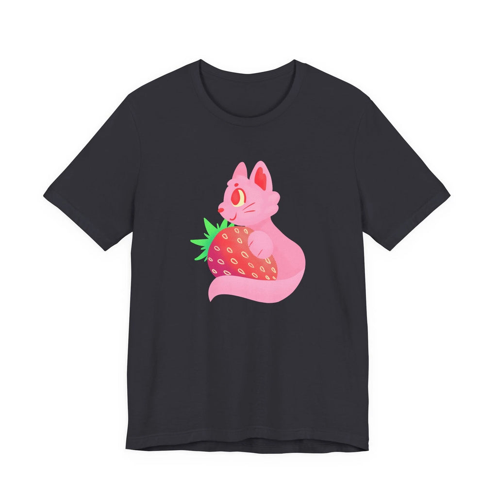 Pink Cat Hugging Strawberry T-Shirt | Cute Kawaii Fruit Kitty Tee