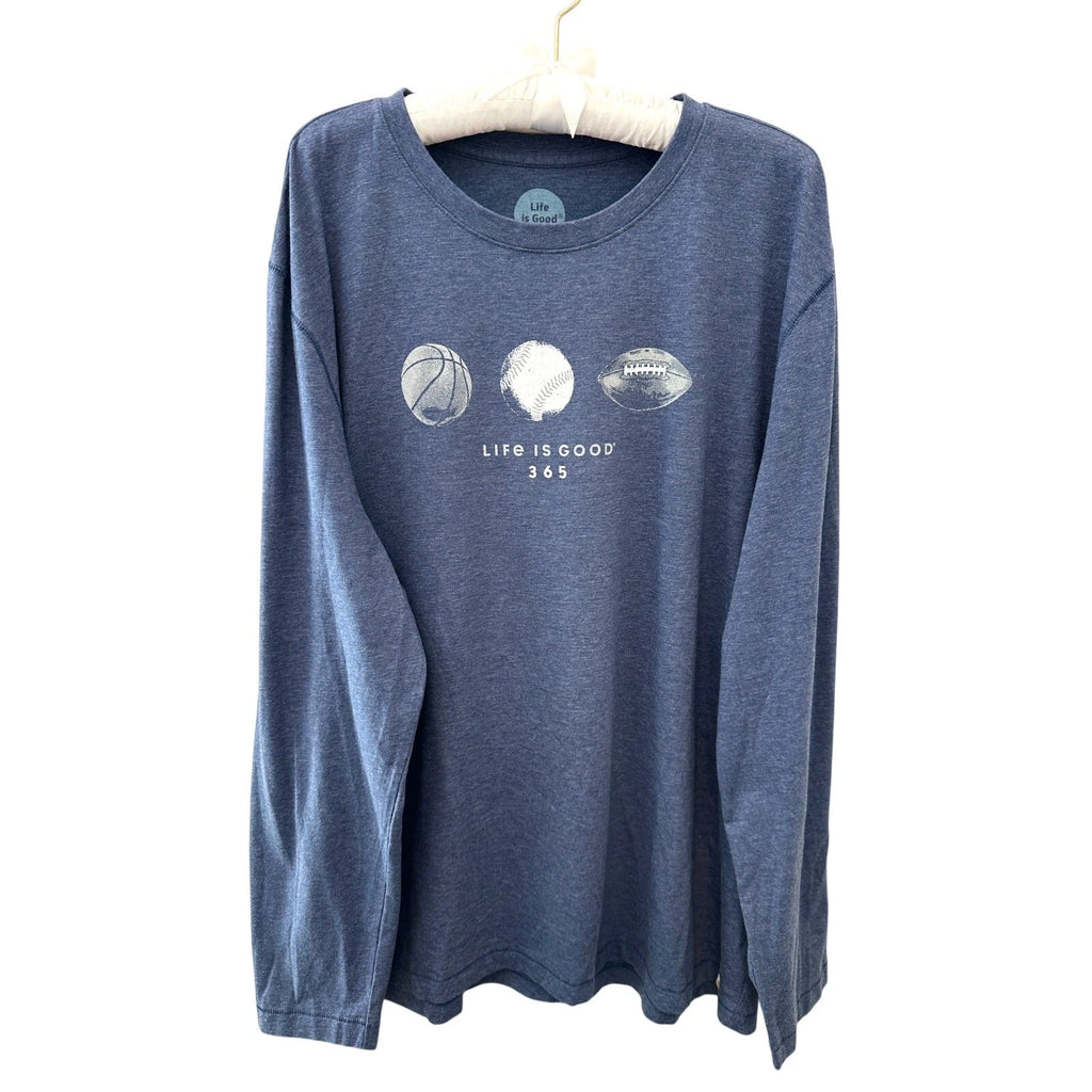 LIFE IS GOOD Sports Graphic Long Sleeve Tee Blue Basketball Baseball Football XL