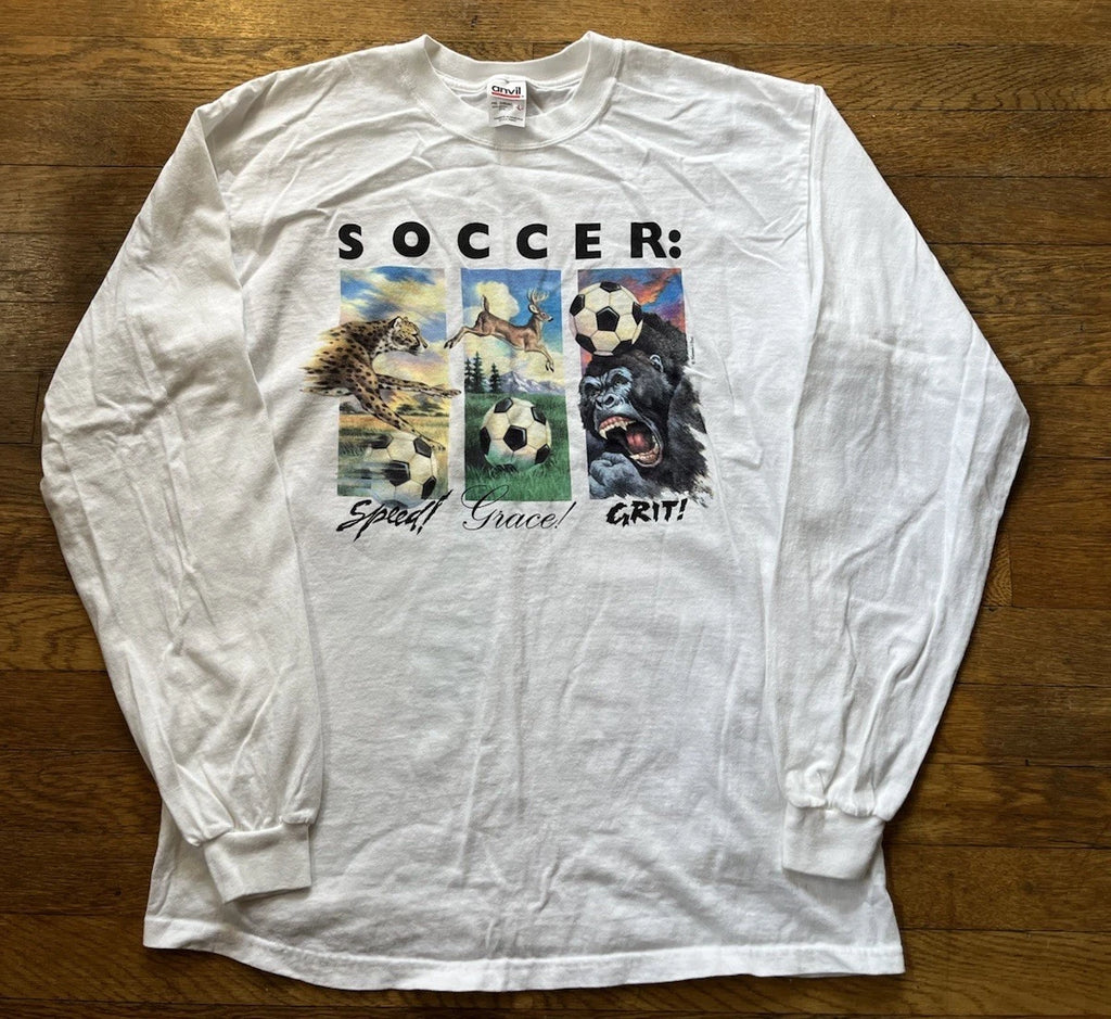 Vintage 90’s Soccer Is Life Animals Human I Tees Long Sleeve T-Shirt Adult Large