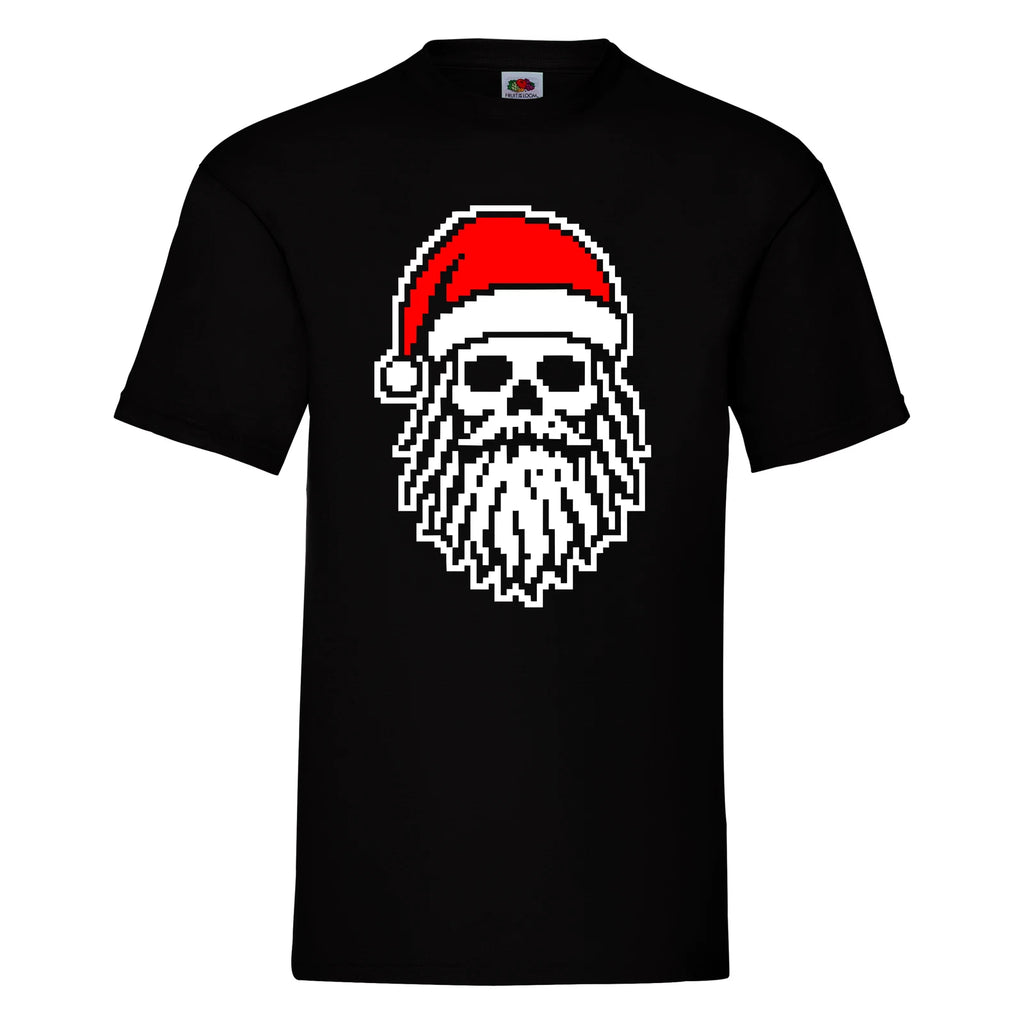 Pixel Skull Santa T-Shirt Retro Christmas Goth Mens Graphic Tee Funny Top