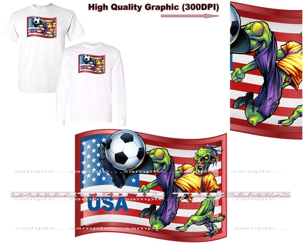 Soccer Zombie Team Mascot Player USA Flag Background Cartoon T Shirt