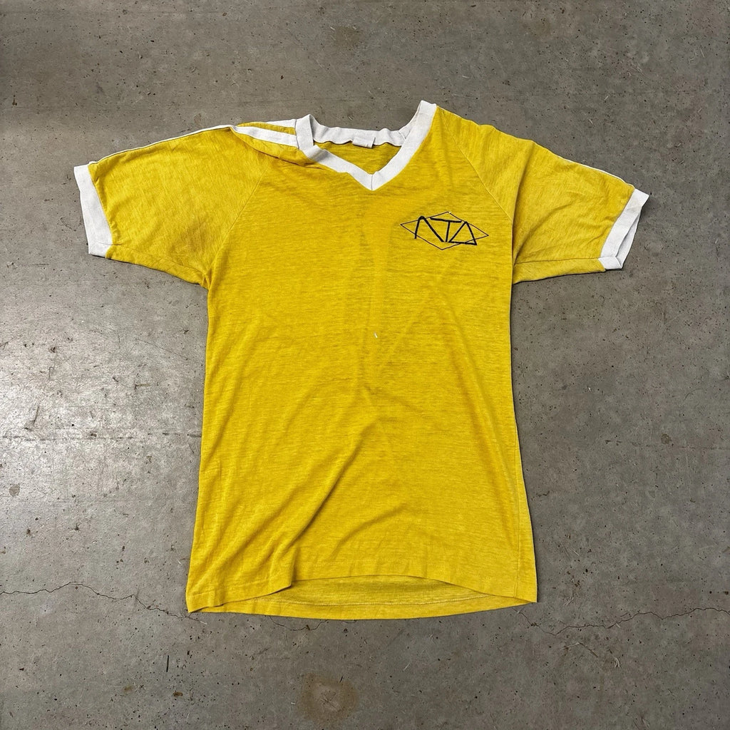 Vintage 70s 80s Blank Yellow V Neck Ringer T-shirt Size Medium Soccer Style
