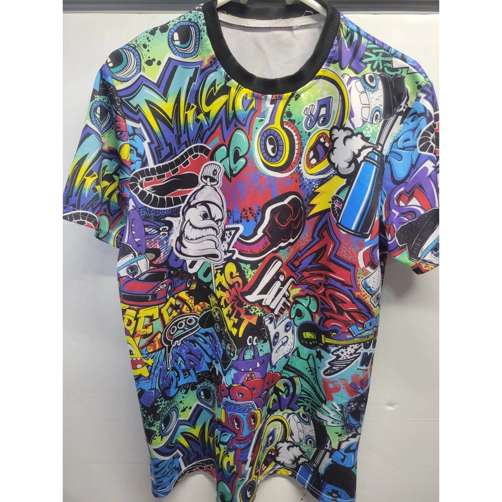 Graffiti Street Art All Over Print T-Shirt Multicolor Crew Neck handmade