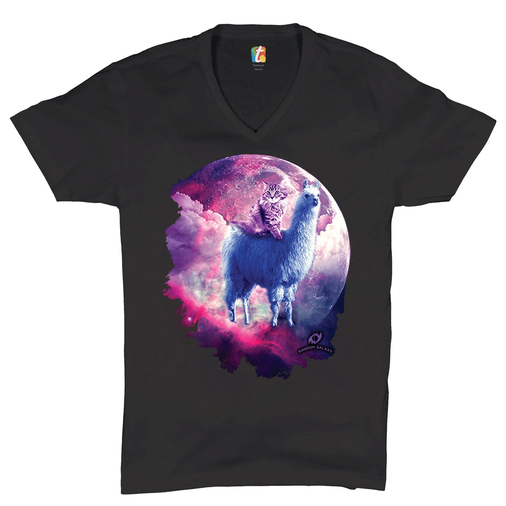 Cat Riding a Llama in Space V-Neck T-shirt Weird Galaxy Moon Creative Tee