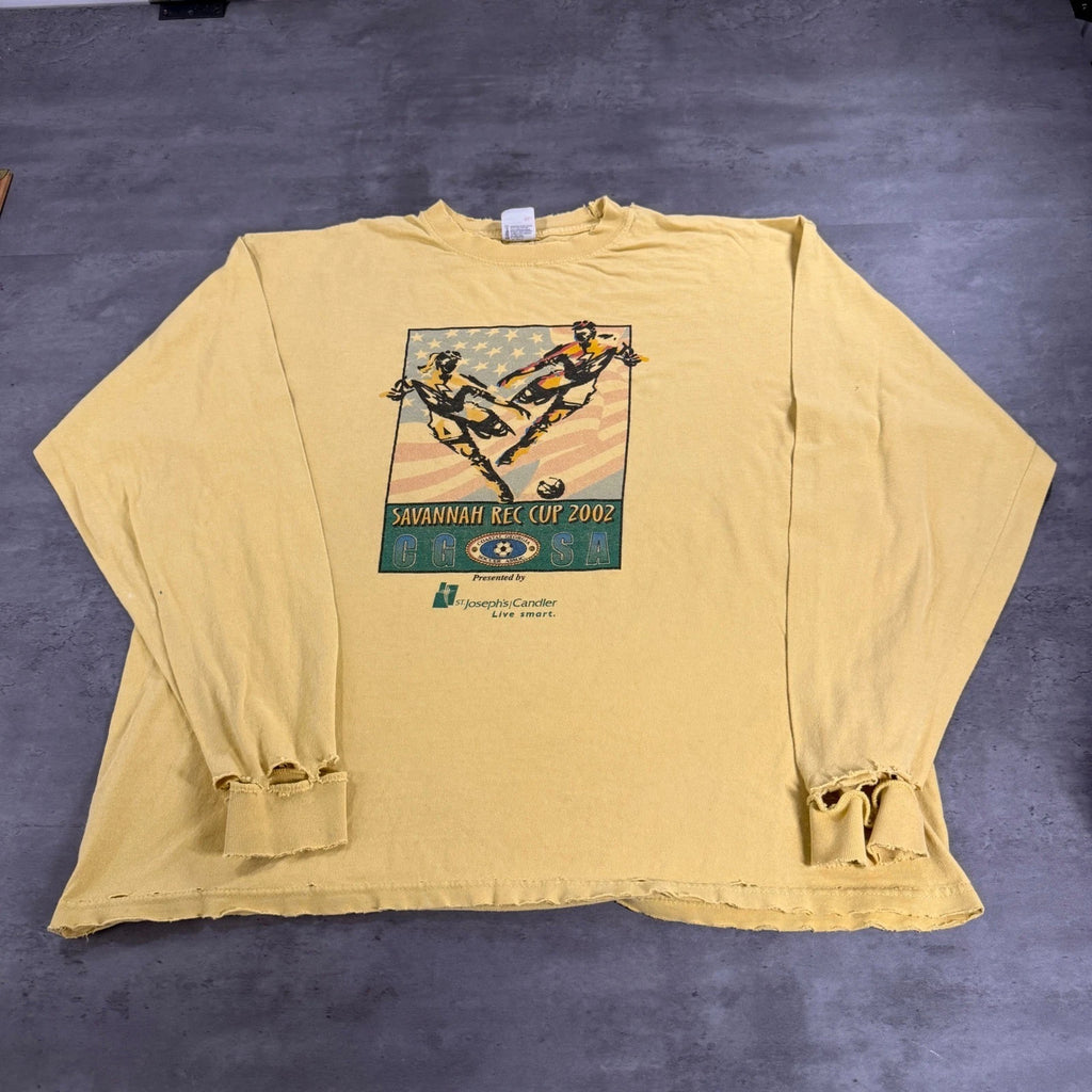 Vintage Savannah Soccer Long Sleeve Shirt Mens XL Yellow Thrashed Tee Paper Thin