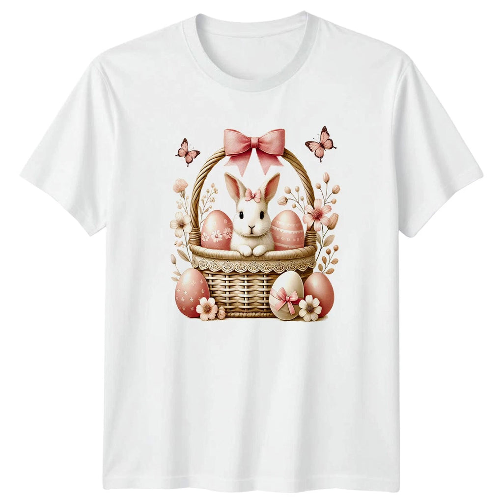 Cute Watercolor Bunny In Basket Womens T-Shirt Pastel Floral Easter