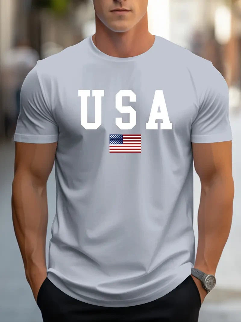 Stylish USA Mens Crew Neck T-Shirt Patriotic Print Short Sleeve Breathable Gray