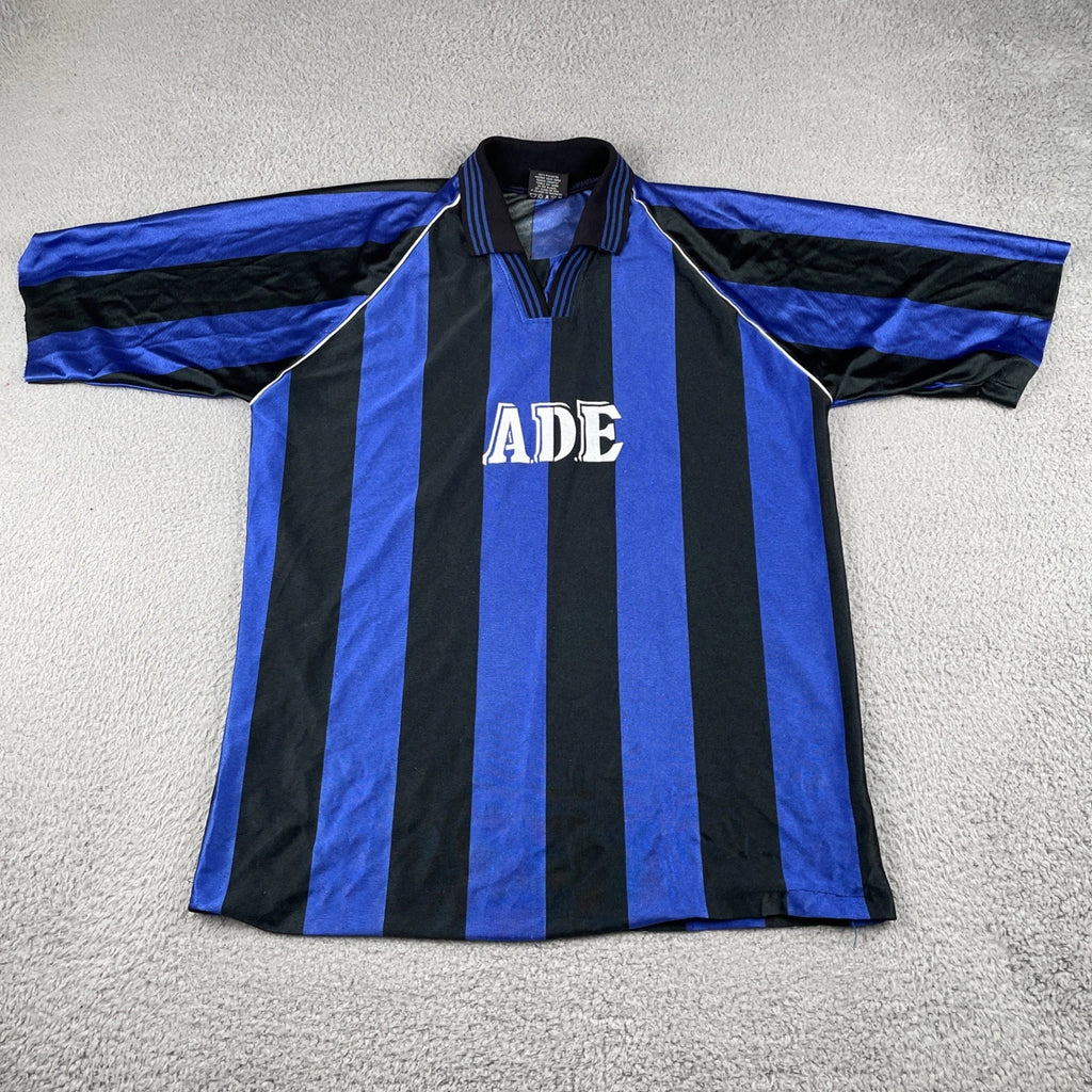 Vintage Soccer Jersey XL Shirt A.D.E #3 Iridescent Black & Blue Futbol Worn In