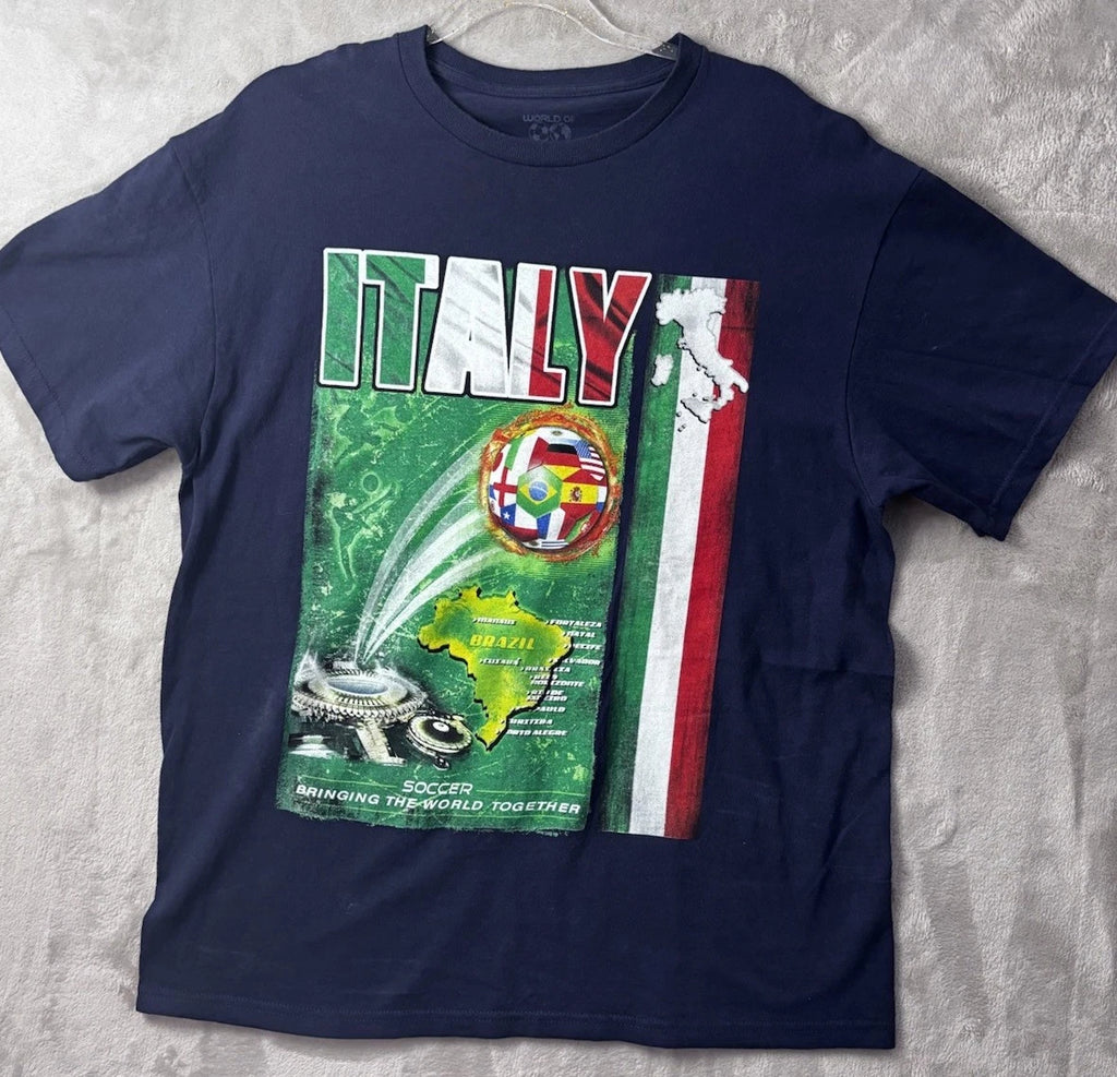 World Of Soccer Italy Graphic T Shirt Mens Large Navy Brazil Map Soccer Tee