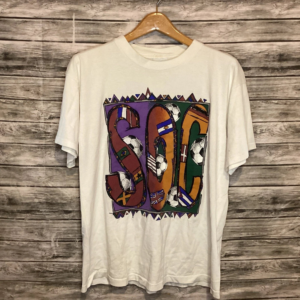 Vintage Soccer Shirt Mens Large White Graphic Tee AOP CYRK Sport 80s 90s
