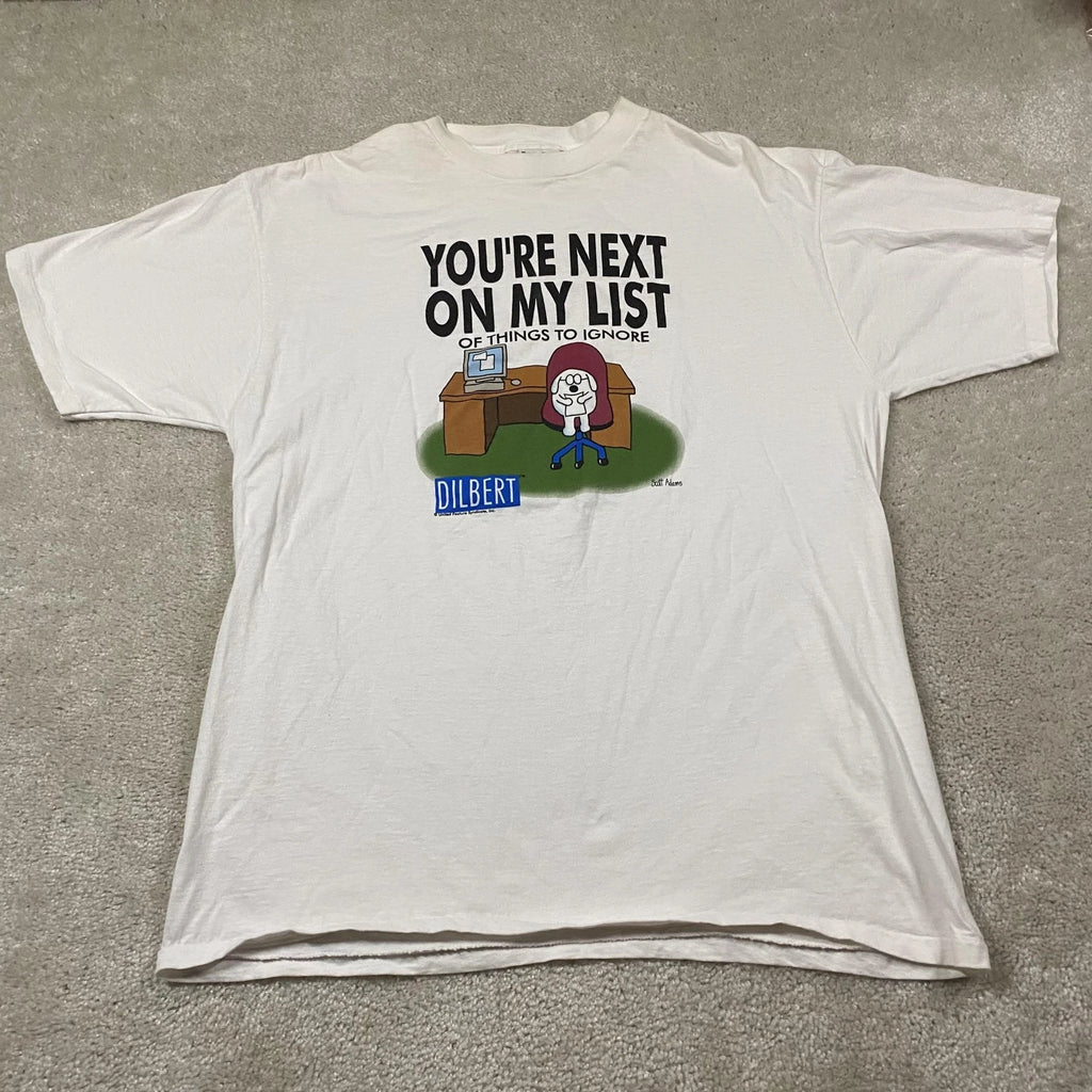 VTG Dilbert Shirt Mens XL White Dogbert Next On My List Graphic Tee 90s Computer