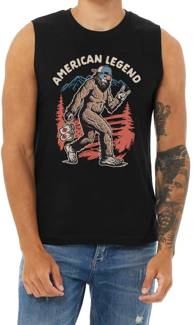 Mens Cut Off Shirt Sleeveless Muscle Graphic Tees Funny Sasquatch Beer Patriotic