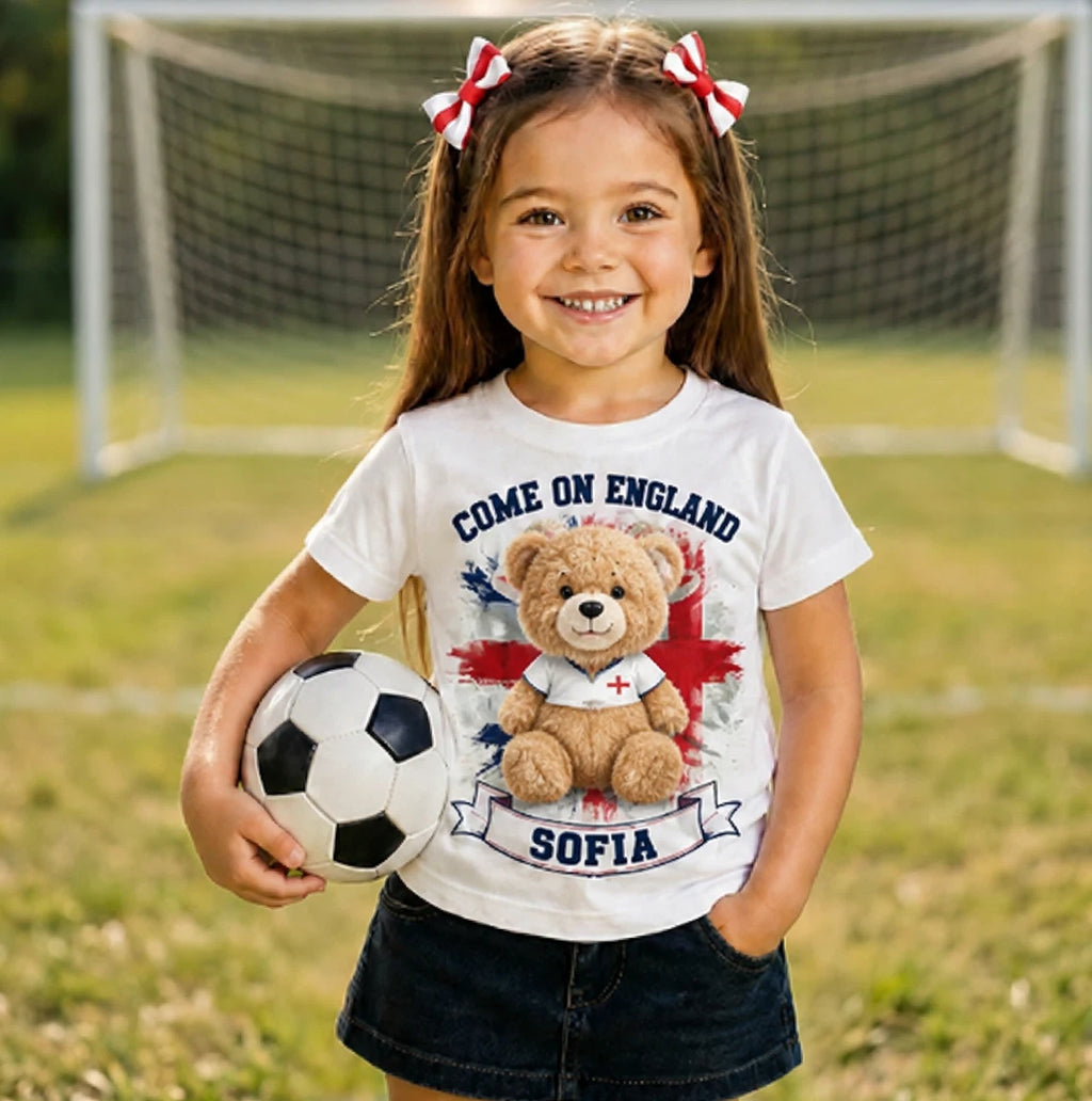 Personalised England Football Teddy Kids Shirt | Custom Name Soccer Tee