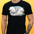 Mens White Tiger in Flower Garden Motif Cotton T-Shirt Size XS to 5XL