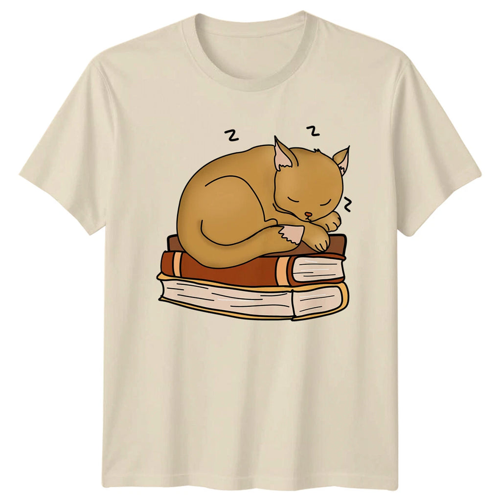 Sleeping Cat On Books T-Shirt - Cute Kitten Reader Graphic Tee